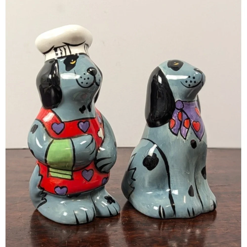 Dalmatian Chef Dog Salt and Pepper Shaker Set Blue Ceramic Novelty Kitchen Decor